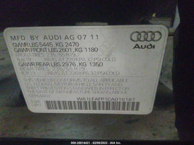 2012 AUDI Q5 2.0T PREMIUM PLUS VIN: WA1LFAFP1CA016187