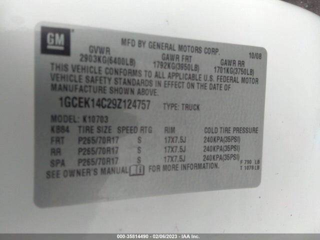 2009 CHEVROLET SILVERADO 1500 WORK TRUCK VIN: 1GCEK14C29Z124757