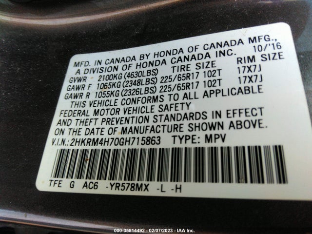 Honda Cr-v Ex-l 2016 2HKRM4H70GH715863 Image 10