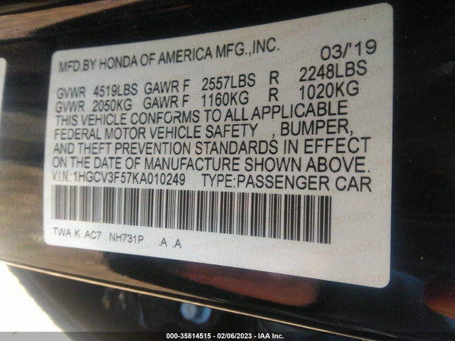 2019 Honda Accord, VIN: 1HGCV3F57KA010249