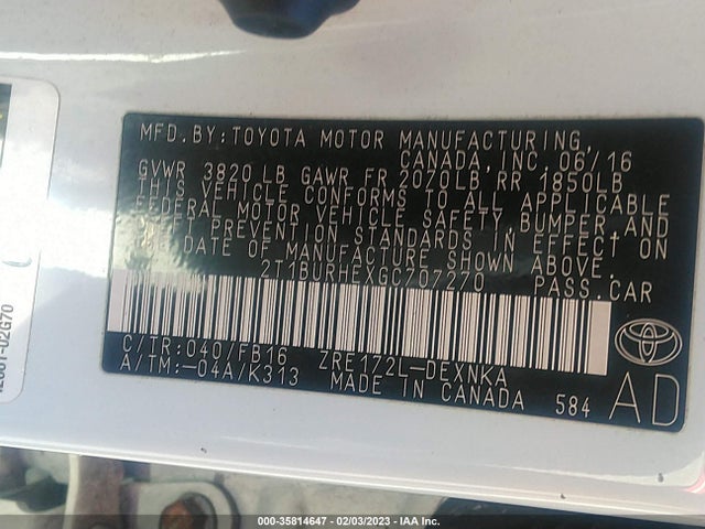 Toyota Corolla L/le/s/s Plus/le Plus 2016 2T1BURHEXGC707270 Image 10