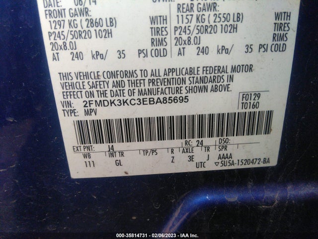 2014 FORD EDGE LIMITED VIN: 2FMDK3KC3EBA85695