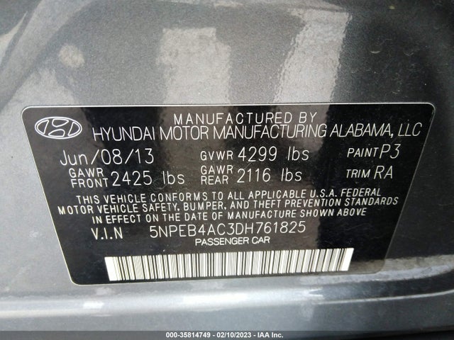 35814749 :رقم المزاد ، 5NPEB4AC3DH761825 vin ، 2013 Hyundai Sonata Gls مزاد بيع
