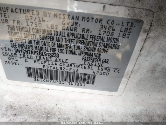3N1CN7AP2GL913233 Nissan VERSA SV