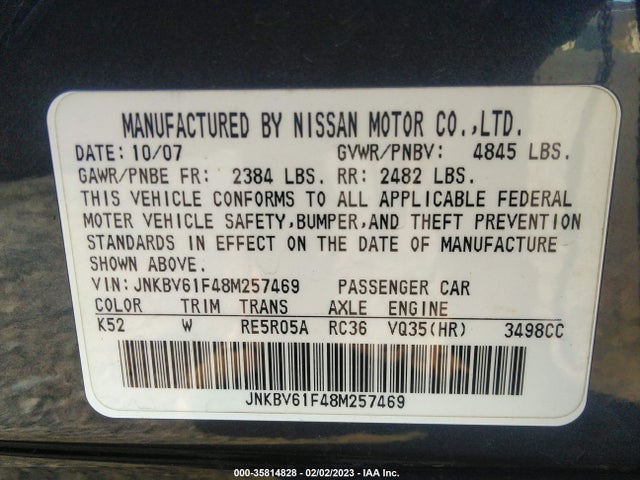 2008 INFINITI G35 SEDAN X VIN: JNKBV61F48M257469