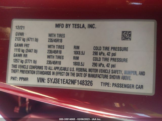 5YJ3E1EA2NF148326 Tesla MODEL 3