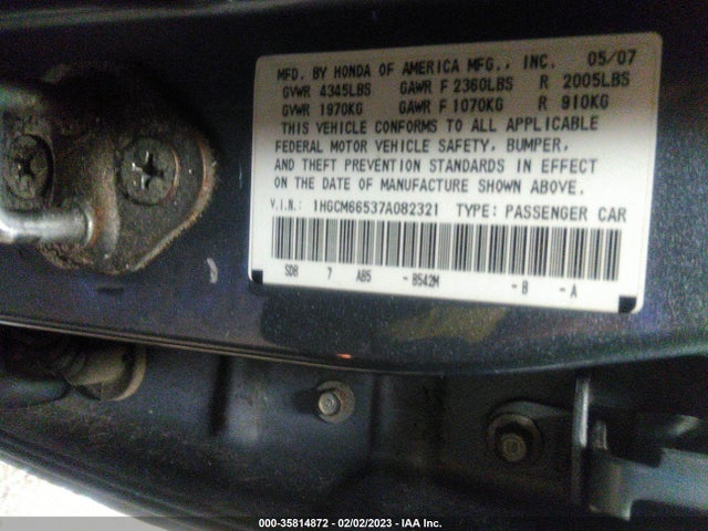 2007 HONDA ACCORD SDN EX-L VIN: 1HGCM66537A082321