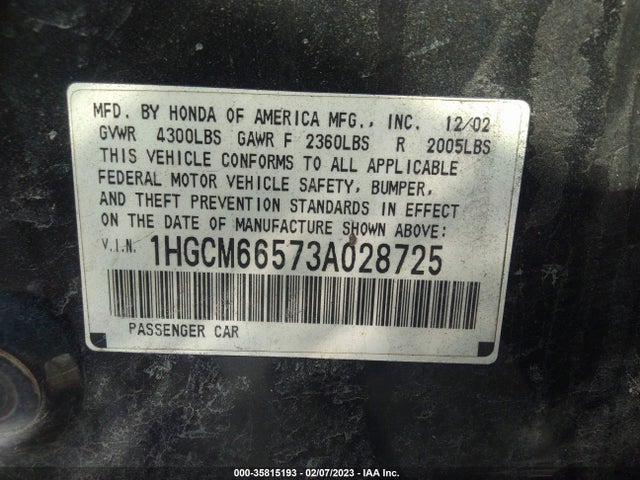 2003 HONDA ACCORD SDN EX VIN: 1HGCM66573A028725