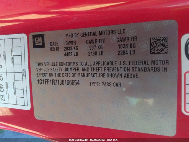 2018 Chevrolet Camaro, VIN: 1G1FF1R71J0156654