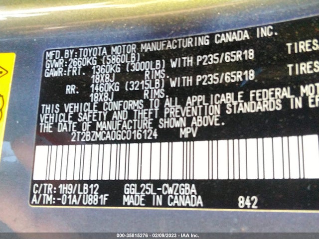 2T2BZMCA0GC016124 Lexus RX 350