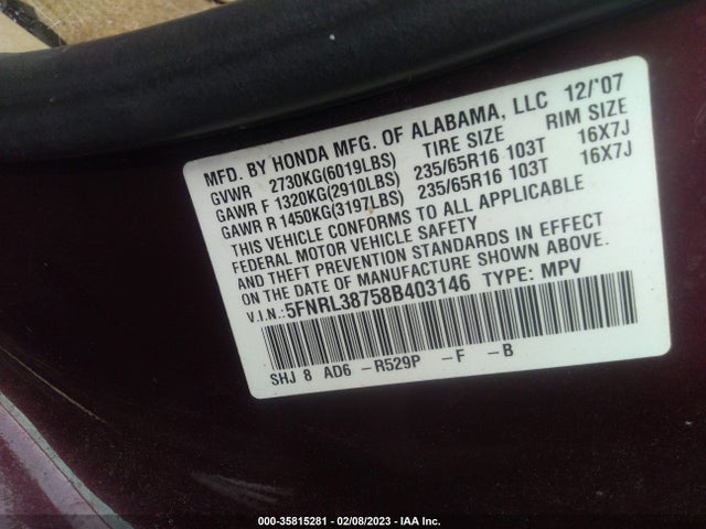 2008 HONDA ODYSSEY EX-L VIN: 5FNRL38758B403146