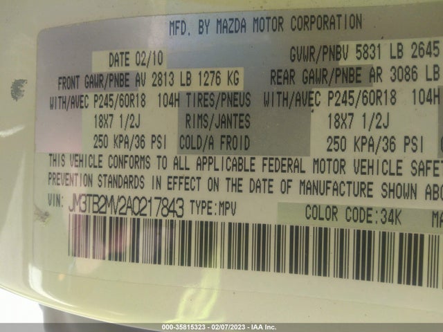 2010 MAZDA CX-9 TOURING VIN: JM3TB2MV2A0217843