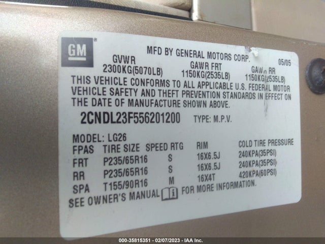 2005 CHEVROLET EQUINOX LS VIN: 2CNDL23F556201200