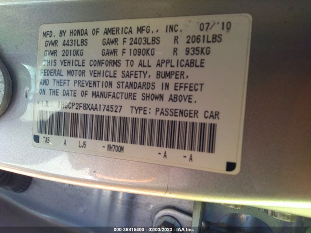 2010 HONDA ACCORD SDN EX-L VIN: 1HGCP2F8XAA174527