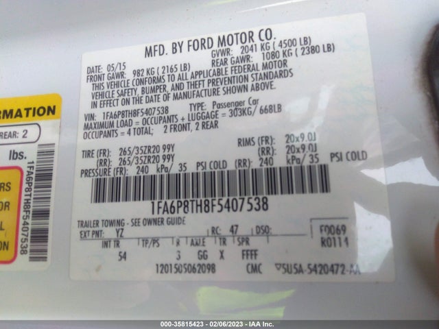 2015 FORD MUSTANG ECOBOOST VIN: 1FA6P8TH8F5407538