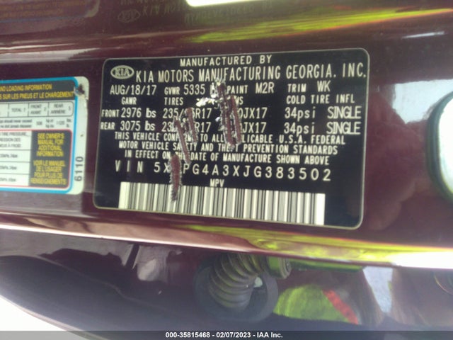 2018 Kia Sorento, VIN: 5XYPG4A3XJG383502
