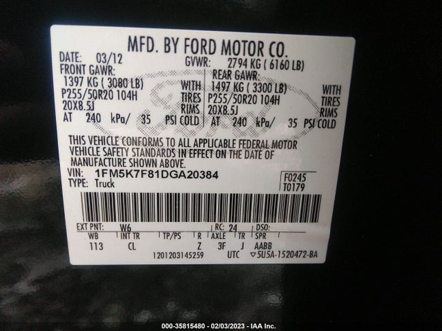 2013 FORD EXPLORER LIMITED VIN: 1FM5K7F81DGA20384