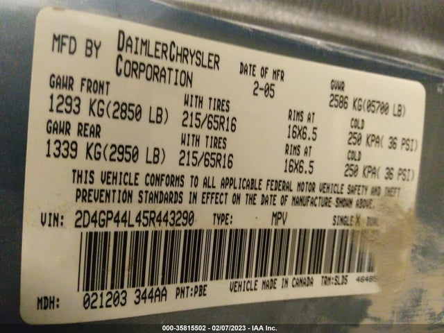 2005 DODGE GRAND CARAVAN SXT VIN: 2D4GP44L45R443290