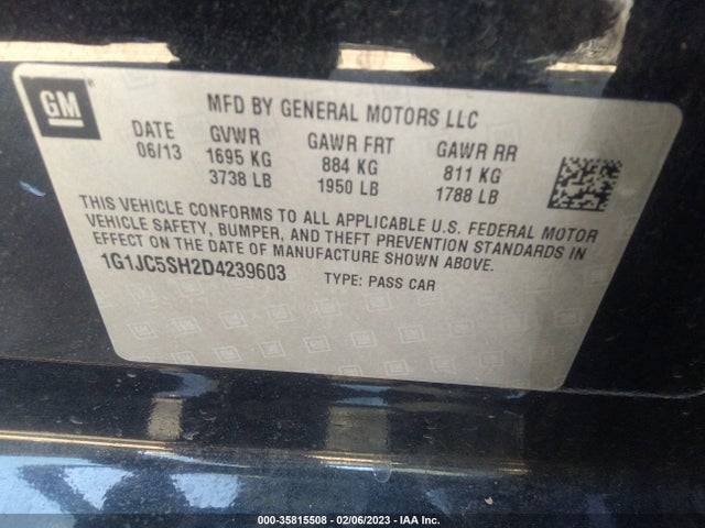 2013 CHEVROLET SONIC LT VIN: 1G1JC5SH2D4239603