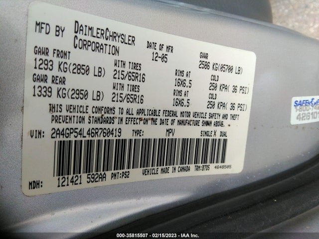 2006 CHRYSLER TOWN & COUNTRY LWB TOURING VIN: 2A4GP54L46R760419