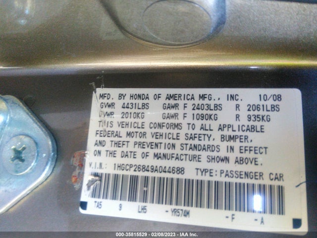 2009 HONDA ACCORD SDN EX-L VIN: 1HGCP26849A044688