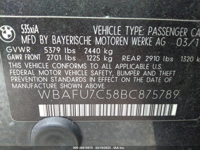 2011 BMW 5 SERIES 535I XDRIVE VIN: WBAFU7C58BC875789
