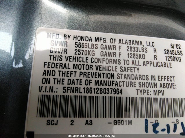 2002 HONDA ODYSSEY EX VIN: 5FNRL18612B037964
