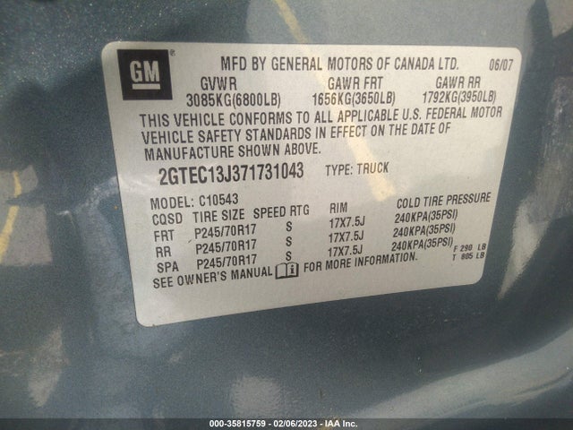 2007 GMC SIERRA 1500 SLE2 VIN: 2GTEC13J371731043