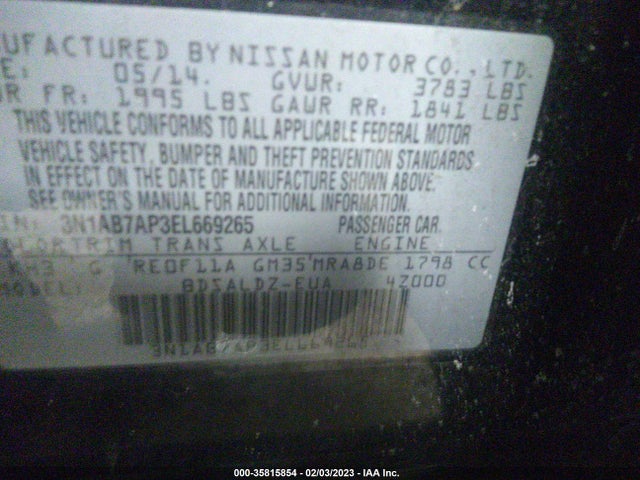 2014 NISSAN SENTRA SV VIN: 3N1AB7AP3EL669265