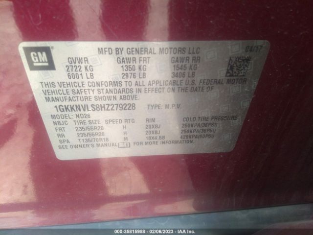 1GKKNVLS8HZ279228 GMC ACADIA SLT