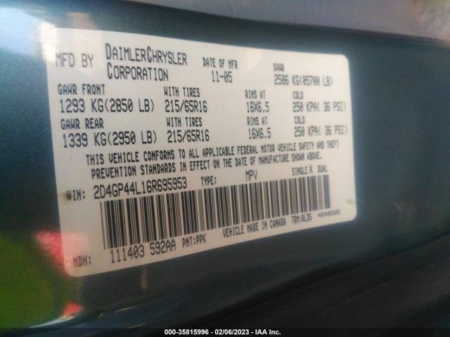 2006 DODGE GRAND CARAVAN SXT VIN: 2D4GP44L16R695953