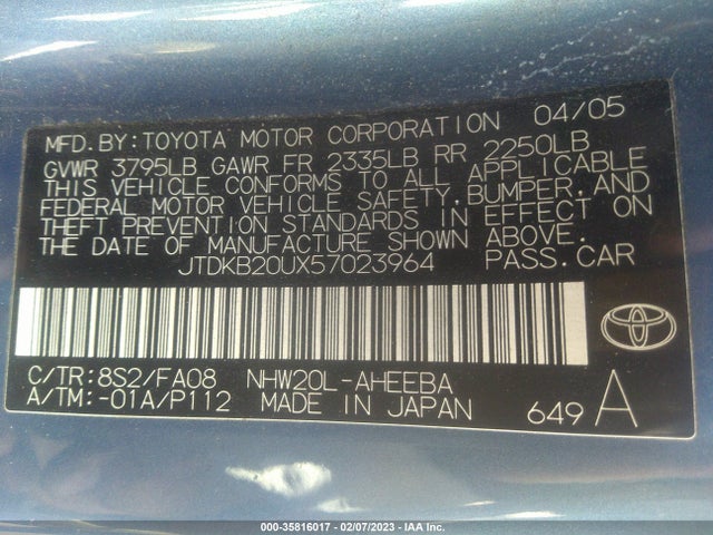 2005 TOYOTA PRIUS VIN: JTDKB20UX57023964