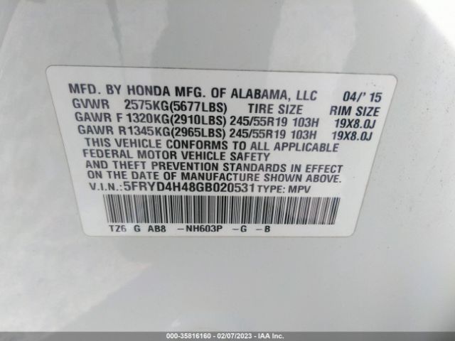 5FRYD4H48GB020531 Acura Mdx W/tech/w/tech