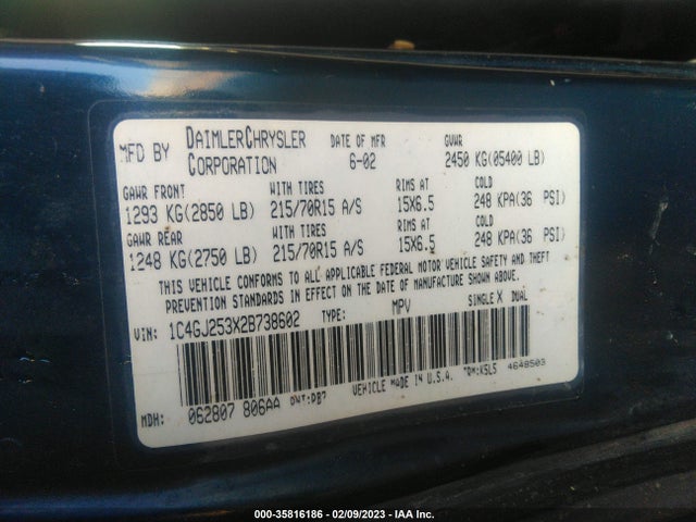 2002 CHRYSLER VOYAGER BASE VIN: 1C4GJ253X2B738602