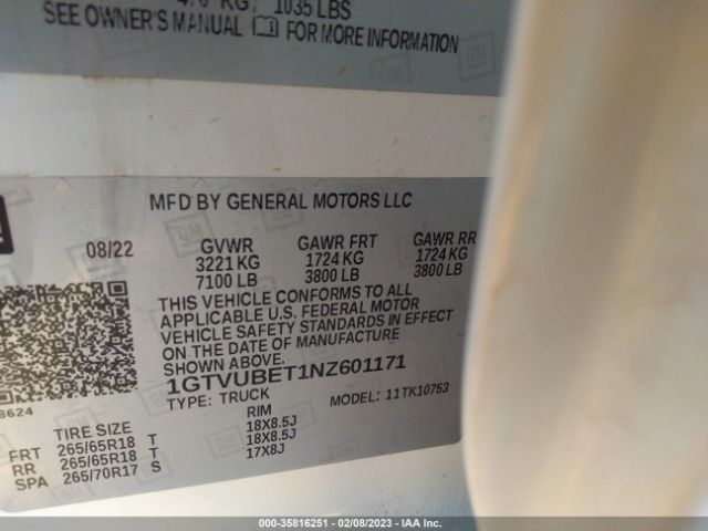 1GTVUBET1NZ601171 GMC Sierra 1500 Sle