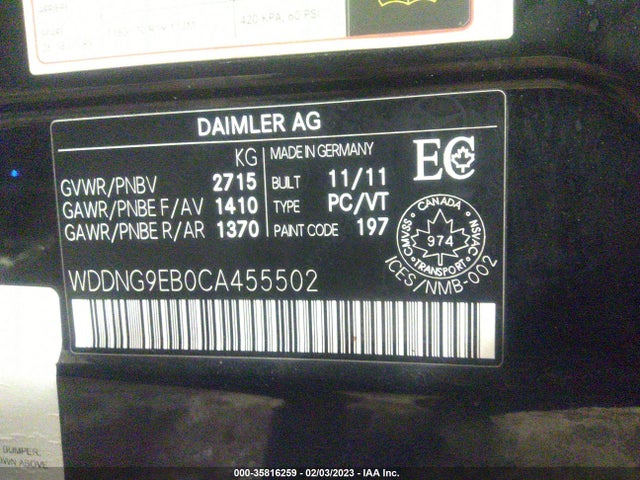 2012 MERCEDES-BENZ S-CLASS S 550 VIN: WDDNG9EB0CA455502