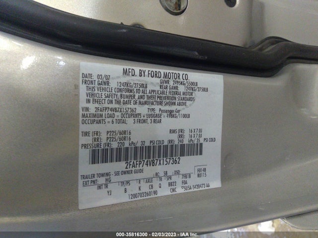 2007 FORD CROWN VICTORIA LX VIN: 2FAFP74V87X157362