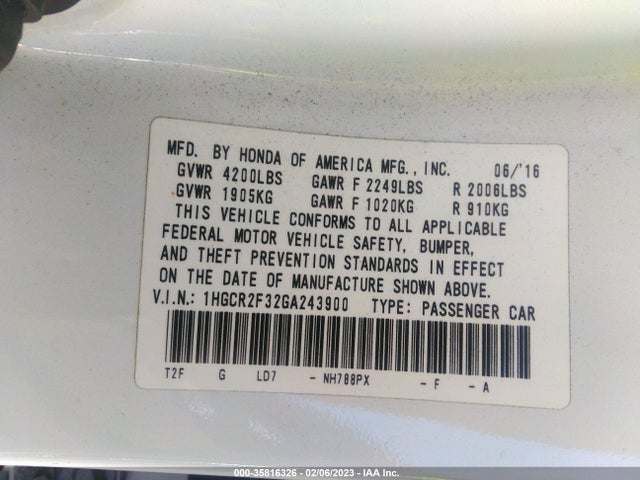 2016 Honda Accord, VIN: 1HGCR2F32GA243900
