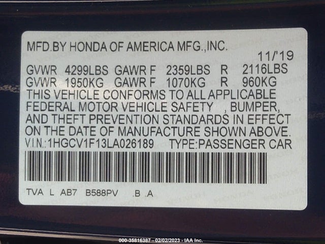 2020 HONDA ACCORD SEDAN LX VIN: 1HGCV1F13LA026189