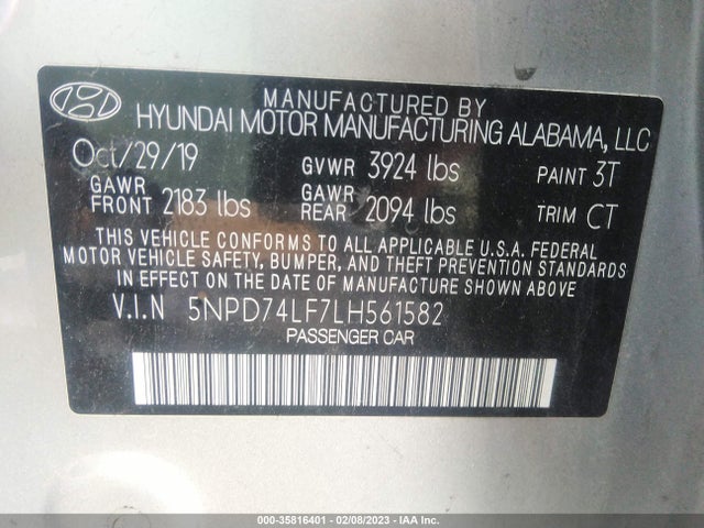 2020 Hyundai Elantra, VIN: 5NPD74LF7LH561582