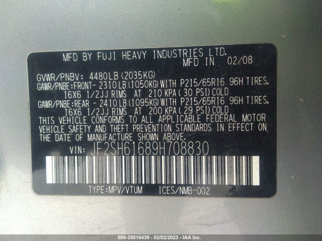 JF2SH61689H708830 Subaru FORESTER X