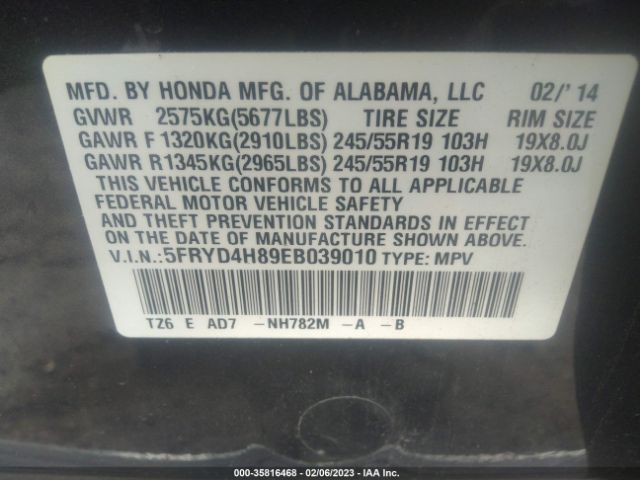5FRYD4H89EB039010 Acura Mdx Advance/entertainment Pkg