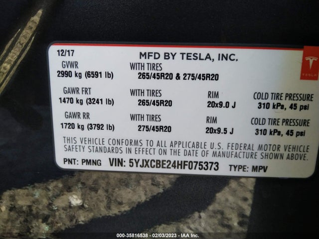 2017 Tesla Model X 90d/75d/100d მანქანა იყიდება აუქციონზე, vin: 5YJXCBE24HF075373, აუქციონის ნომერი: 35816538