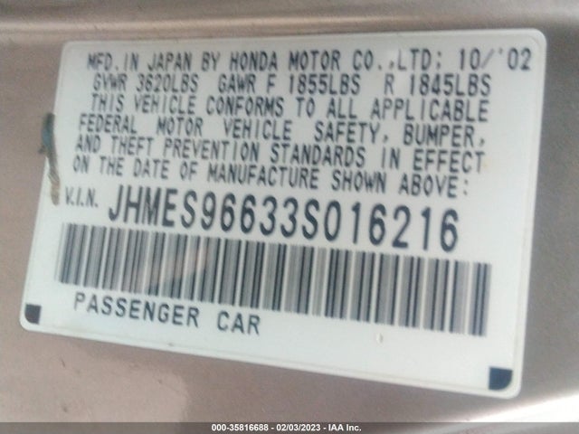 2003 HONDA CIVIC HYBRID VIN: JHMES96633S016216