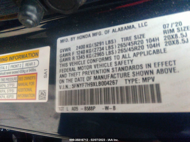 2020 HONDA PASSPORT VIN: 5FNYF7H9XLB004267