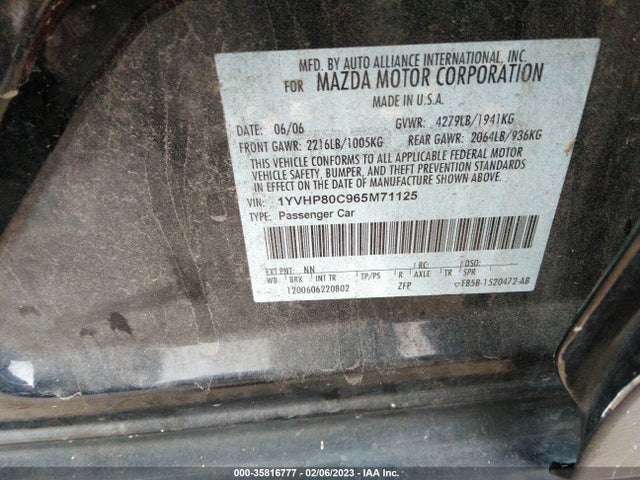 2006 MAZDA MAZDA6 I VIN: 1YVHP80C965M71125