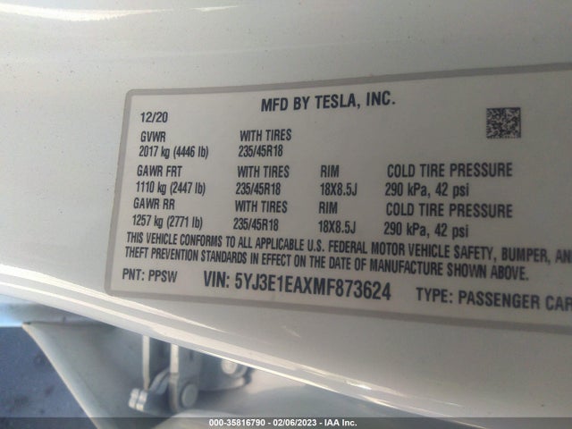 Tesla Model 3 Standard Range Plus 2021 5YJ3E1EAXMF873624 Image 9