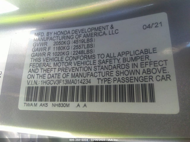 2021 Honda Accord, VIN: 1HGCV3F13MA014234