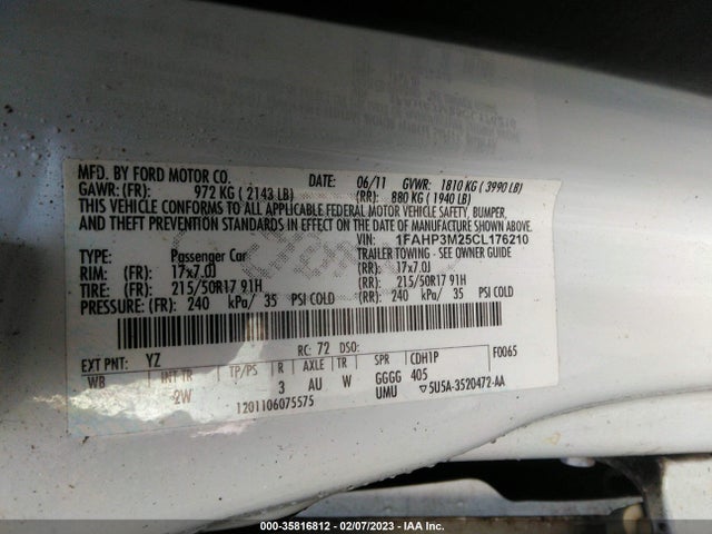 2012 FORD FOCUS SEL VIN: 1FAHP3M25CL176210