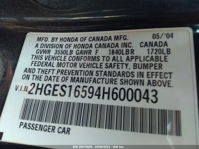 Honda Civic Lx 2004 2HGES16594H600043 Image 9
